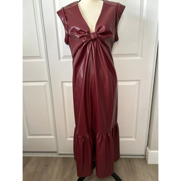 Donna Morgan Faux Leather V-Neck Twist Detail Midi Dress Burgundy Size 14 - Picture 2 of 8